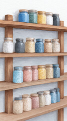 Explore an Artistic Collection of Colorful Jars on Wooden Shelves: A Culinary Journey through Aesthetically Pleasing Kitchen Storage Solutions