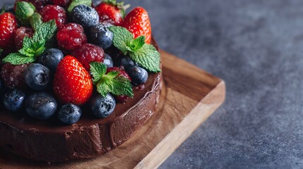 Delicious chocolate cake adorned with fresh berries a tempting dessert photography evokes sweet indulgence