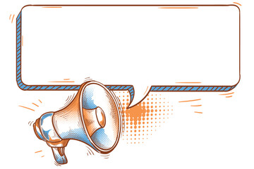 Retro hand-drawn megaphone with empty blank speech bubble &mdash; vector illustration
