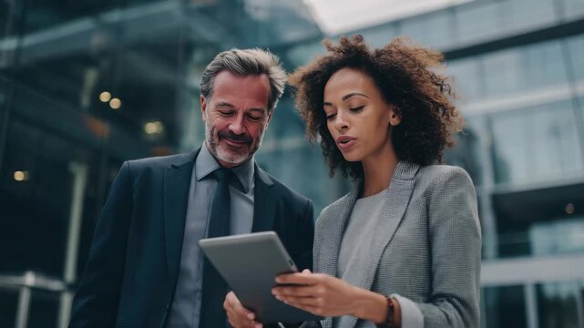 Business professionals share ideas with a tablet outside a modern office building during a sunny afternoon