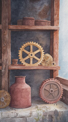 Rustic Industrial Still Life: Capturing the Essence of Vintage Gears and Tools on a Wooden Shelf in a Contemporary Artistic Style