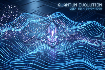 futuristic technology background of neon blue waveform arcs and hologram particles