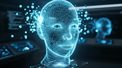 Digital human head wireframe shows advanced facial recognition technology and data processing.