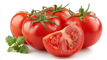 Juicy farm fresh tomatoes, sections showing seeds, organic vegetables, isolated on white background