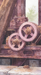 Captivating Watercolor Depiction of Industrial Gears: A Visual Journey through Machinery and Mechanical Innovation