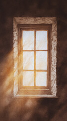 Captivating Sunlit Window: A Serene Glimpse Into Architectural Warmth and Artistic Elegance Captured in Watercolor Beauty