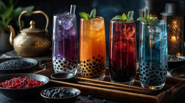 Refreshing iced milky bubble tea with tapioca pearls made with fresh fruit ingredients including raspberry, strawberry, kiwi, orange, apple and banana