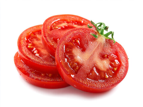 Juicy red tomato slices with seeds, organic fresh farm style, isolated on white background - Powered by Adobe
