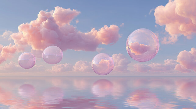 Magical pastel skyscape with floating transparent bubbles - Powered by Adobe