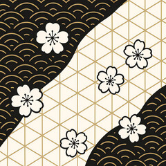 青海波と麻の葉模様に桜の花をあしらったブラック色の和柄パターン背景