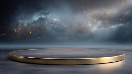 Gold platform illuminated in cosmic environment