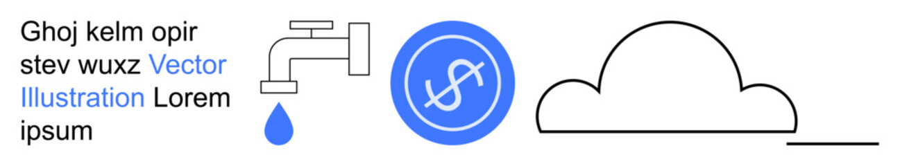 Resource management, financial systems, cloud computing, conservation, eco-friendly practices, utility services. A water tap, currency symbol and cloud icon. Resource management and financial