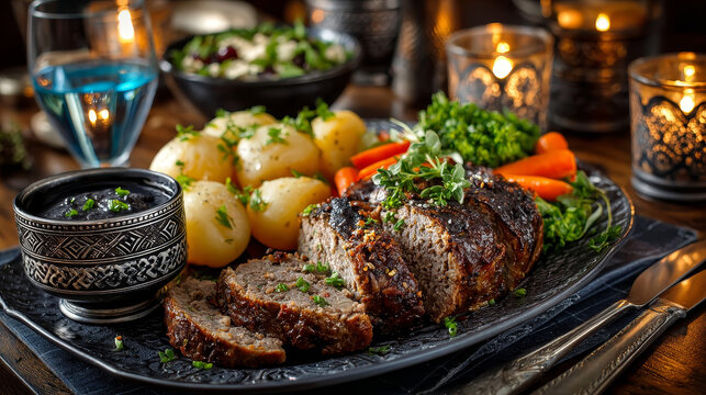 Traditional haggis meal for Robert Burns Supper, a Scottish tradition with cooked sliced haggis, neeps, tatties, onion and carrot on a rustic table
