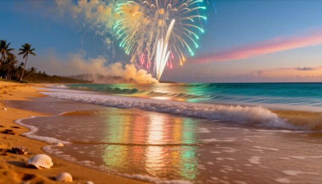 vibrant rainbow fireworks above beach shoreline waves catching reflections tropical non specific location perfect for new year and christmas