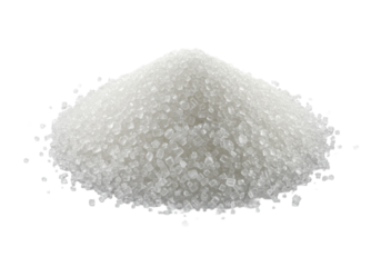 extreme macro close-up of brilliant white refined granulated sugar crystals in a pile, isolated on a seamless transparent backdrop with high-key volumetric lighting. concept for food ingredient study