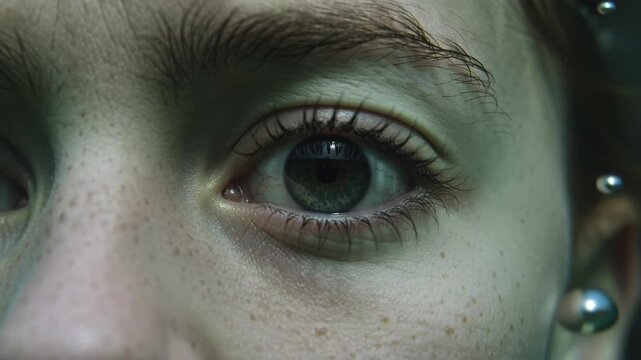 Woman's eye in detail above water, then her face partially submerged, and finally fully underwater with bubbles