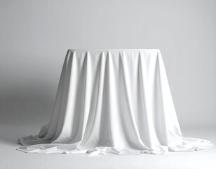 A round pedestal veiled by a white draped cloth against a neutral background