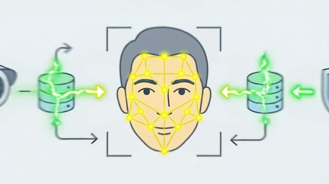 CCTV camera performing facial recognition verifies an individual's identity through secure data processing.