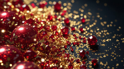 Red Crystal Beads and Golden Glitter on Dark Luxury Background