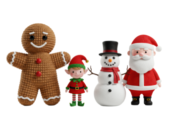macro shot of four detailed 3d knitted and velvety christmas figures (gingerbread, elf, melting snowman, santa) isolated on an infinite white backdrop with soft volumetric lighting. concept for warm