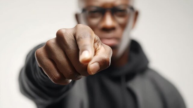 Person pointing directly at the viewer with a serious expression in a plain background