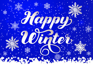 Happy Winter Greeting Illustration – Snowflake Border on Deep Blue Background with Elegant White Lettering