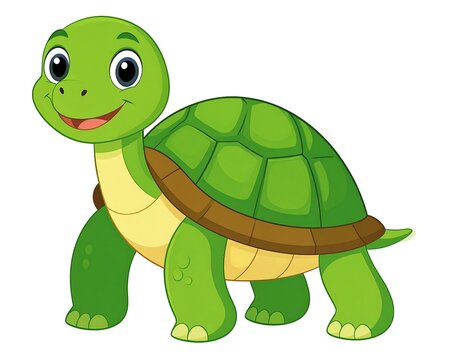 Adorable, cartoon-style green turtle smiles cheerfully, white background