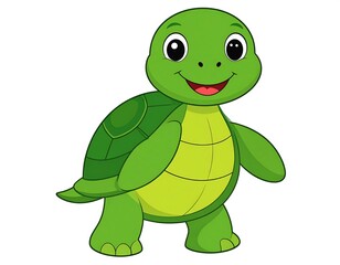 Fototapeta premium A smiling green cartoon turtle standing up with a white background