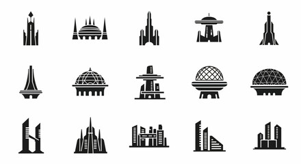 Diverse collection of modern and futuristic architectural building icons symbolizing innovation and progress for urban design projects
