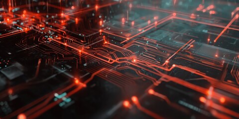 A close-up view of a circuit board featuring intricate designs with glowing red lines, symbolizing technology and electronic connections.