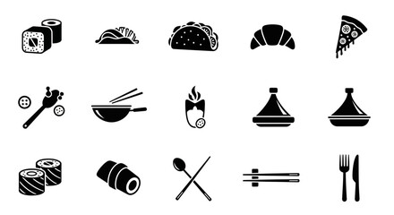 Collection of diverse food icons representing global cuisine and dining essentials for culinary projects and restaurant branding