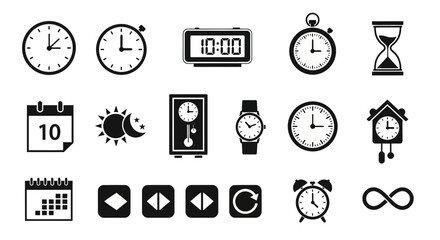 Essential timekeeping icons capturing moments, schedules, and timeless concepts for modern design and business