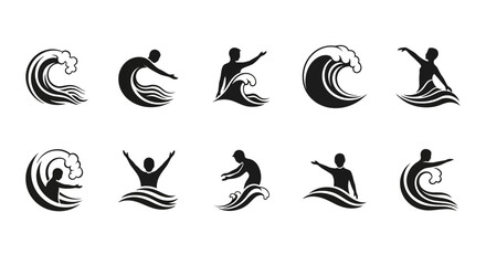 Dynamic collection of stylized human figures interacting with flowing waves, perfect for adventure and water sports branding