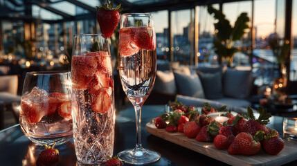 Pink champagne with fresh ripe strawberries served in a tall elegant flute for a special romantic occasion or aperitif