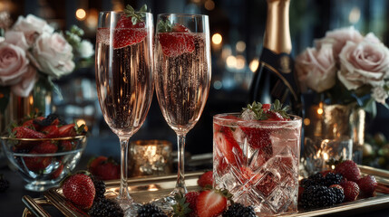 Pink champagne with fresh ripe strawberries served in a tall elegant flute for a special romantic occasion or aperitif
