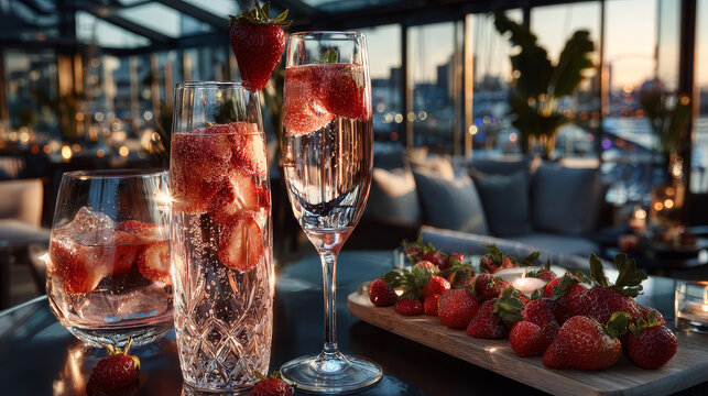 Pink champagne with fresh ripe strawberries served in a tall elegant flute for a special romantic occasion or aperitif - Powered by Adobe