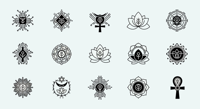 Modern minimalist symbols blending ancient ankh and lotus motifs with futuristic circuit board designs for tech and wellness brands