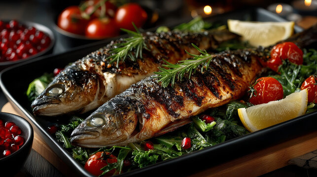 Delicious healthy grilled fish fillet served on a platter with a colorful fresh salad for a tasty seafood dinner