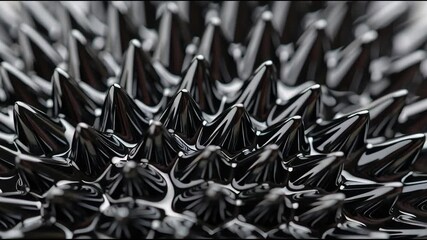 Close-up of dark ferrofluid forming sharp, spiky structures under the influence of a magnetic field.