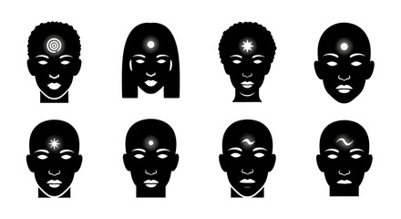 Diverse silhouettes of heads with symbolic chakra and energy representations on foreheads, perfect for wellness and spiritual concepts.