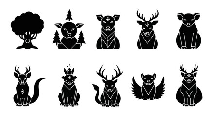 Mystical forest spirit icons featuring stylized animals, trees, and magical elements for creative branding and fantasy themes