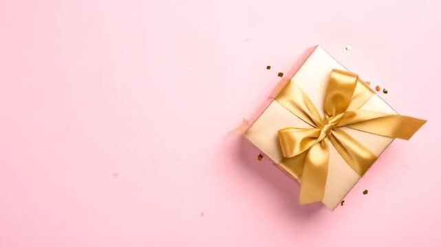 A gift box with a gold bow rests on a pink surface with scattered confetti