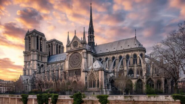 Historic Notre Dame Cathedral illuminated at dusk against a colorful sky in Paris, France