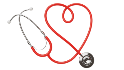 Red stethoscope coiled in heart shape, symbolizing love for healthcare and medicine