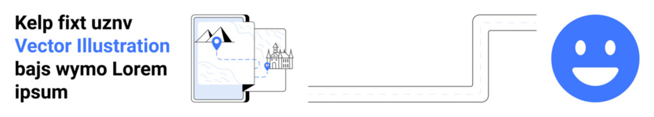 Technology, navigation, communication, user interface, digital networks, location tracking. A digital map interface connected to a happy face through a structured path. Technology and navigation