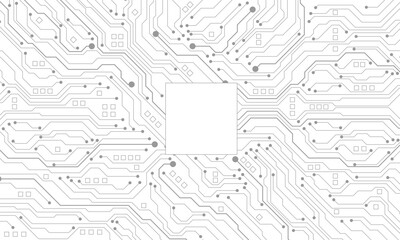 Abstract black circuit board technology connected lines electronics elements computer motherboard chip processor semiconductor digital on white background vector