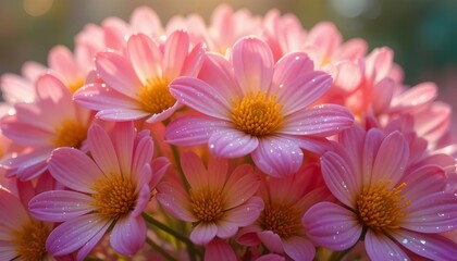 Obraz premium Pink and Yellow Cosmos Flowers Macro with Dew Drops in Soft Sunlight