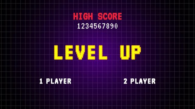 LEVEL UP  press start button pixel art 8 bit game. retro game,glowing neon grid and stars from vintage arcade computer games.4K video.