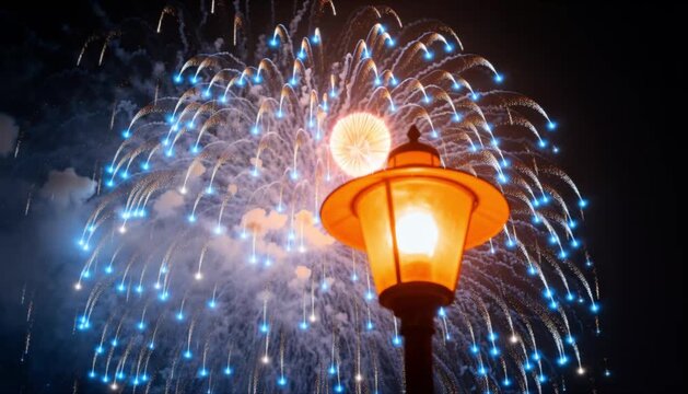 atmospheric single vintage street lamp foreground massive blue silver firework explosion warm cool light