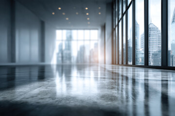 Fototapeta premium Blurred background. Empty open-plan office space. Panoramic window, day light. Business interior.